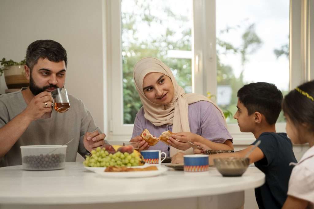 islamic family eating on dining table