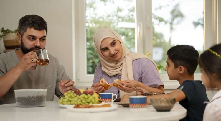 islamic family eating on dining table